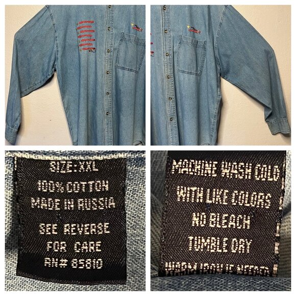 Vintage Men's XXL Denim Shirt Embroidered Star Stripe Design Pockets Y2K Westen - Picture 12 of 16